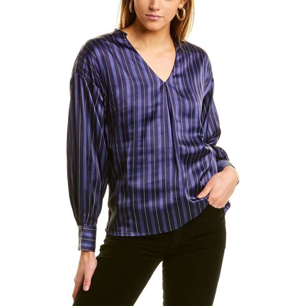Garrie B Womens  Satin V-Neck Blouse, Navy
